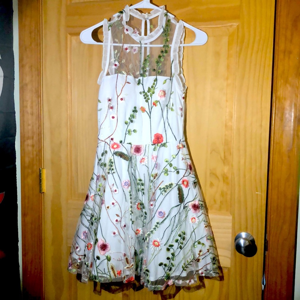 White prom or formal dress (short) with floral embroidery